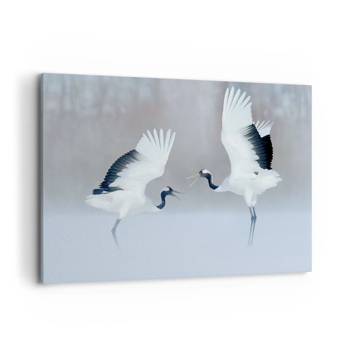 Impression sur toile - Image sur toile - Deux grues dansant dans un paysage brumeux - 100x70cm - Danse dans le brouillard - Décoration murale moderne pour le salon et la chambre ARTTOR