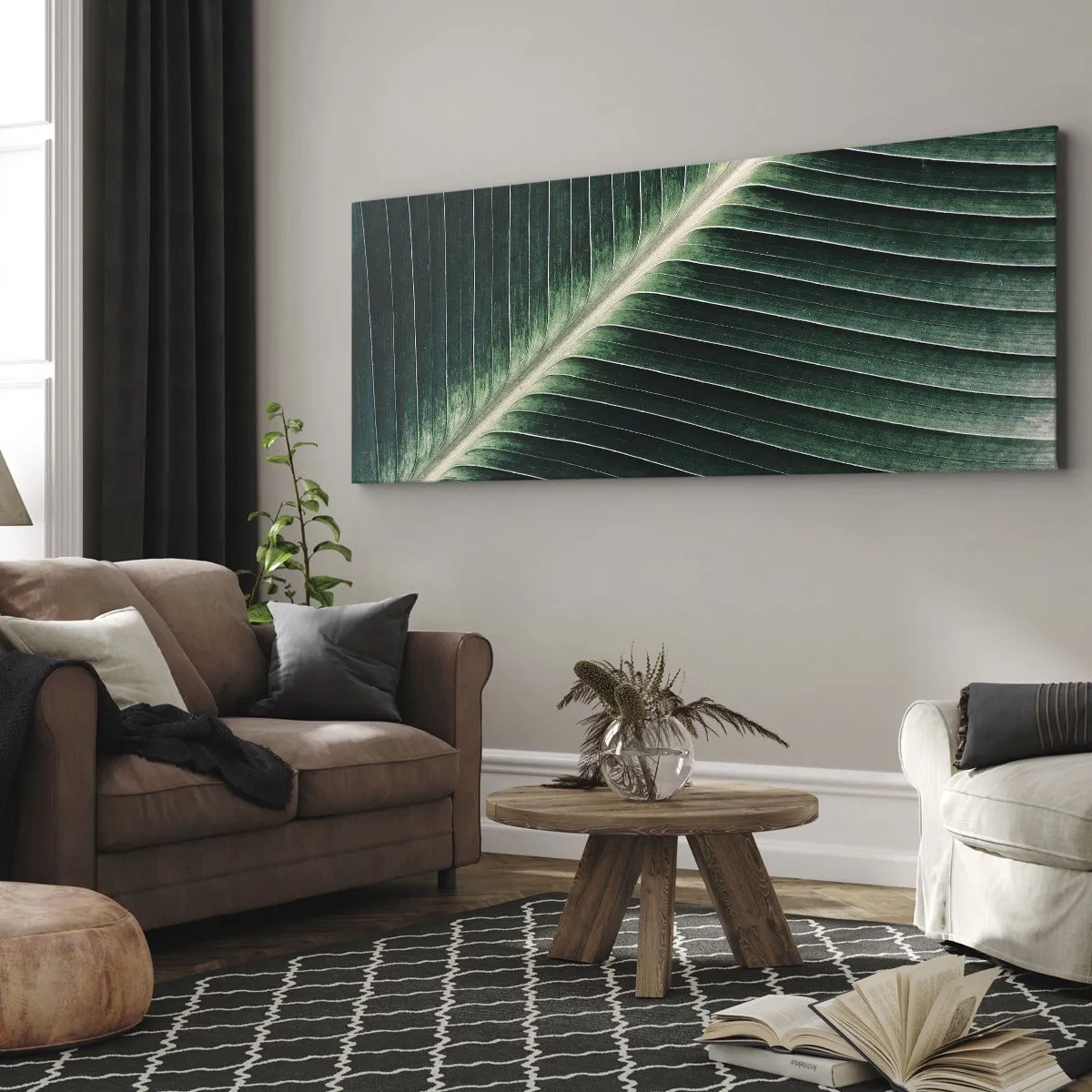Impression sur toile - Image sur toile - Gros plan de la structure d'une feuille verte - 140x50cm - Le rythme de la nature - Décoration murale moderne pour le salon et la chambre ARTTOR