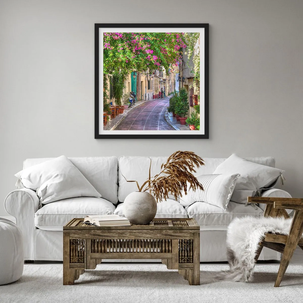 Affiche dans un cadre noir - Poster - Allée fleurie - 30x30 cm