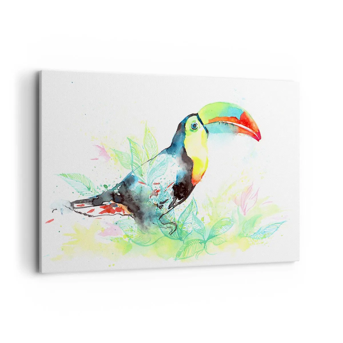 Impression sur toile - Image sur toile - Illustration à l'aquarelle d'un toucan sur fond tropical - 120x80cm - Aussi coloré que l'Amérique du Sud - Décoration murale moderne pour le salon et la chambre ARTTOR
