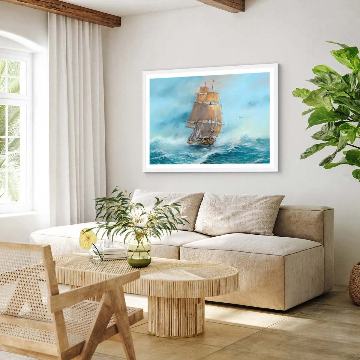 Affiche dans un cadre blanc - Poster - Se précipitant sur les vagues - 100x70 cm