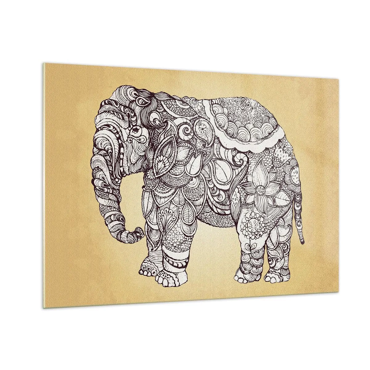 Impression sur verre - Image sur verre - Éléphant noir et blanc avec des motifs orientaux sur fond beige - 100x70cm - L'éléphant s'est apprêté - Décoration murale moderne pour le salon et la chambre ARTTOR