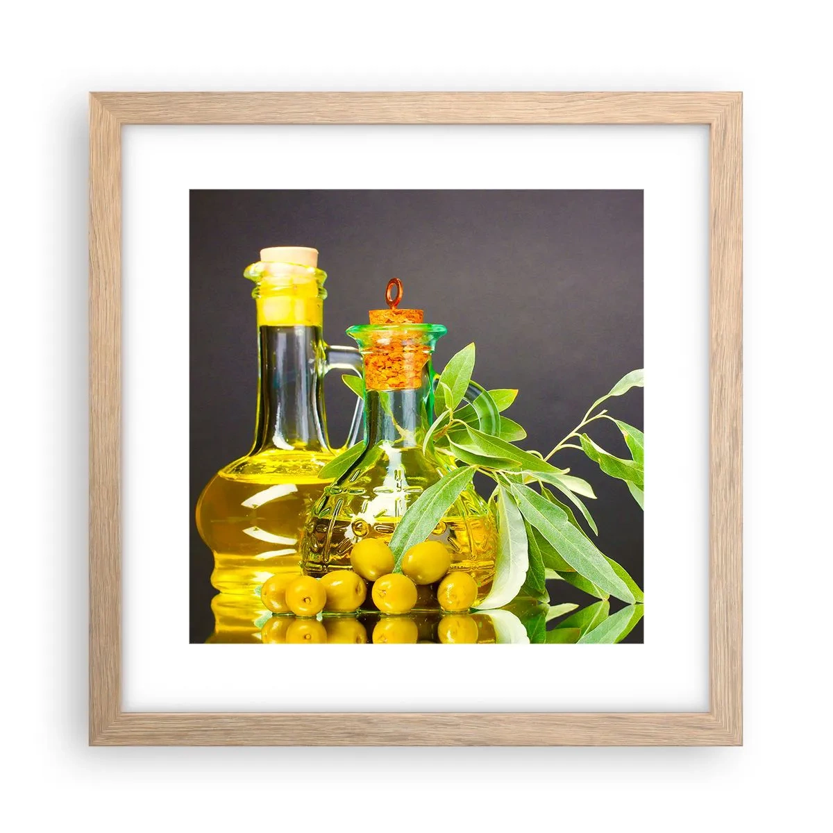 Affiche dans un chêne clair - Poster - Nature morte aux olives et à l'huile d'olive - 30x30 cm
