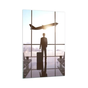 Impression sur verre - Image sur verre - Homme d'affaires à l'aéroport avec un avion en arrière-plan - 70x100cm - Vous avez le temps, ralentissez - Décoration murale moderne pour le salon et la chambre ARTTOR