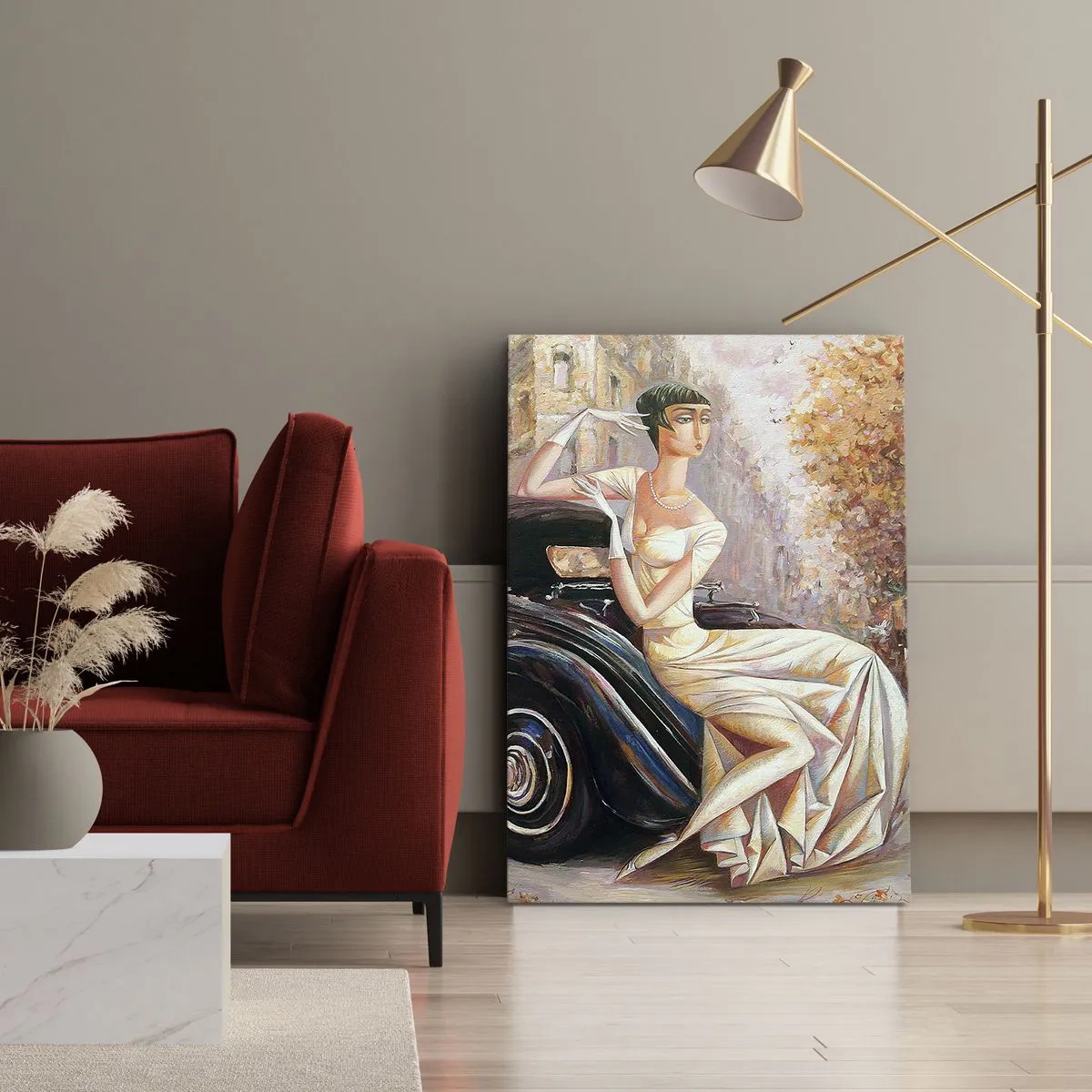 Impression sur toile - Image sur toile - Femme rétro à côté d'une voiture classique - 50x70cm - L'élégance dans un style rétro - Décoration murale moderne pour le salon et la chambre ARTTOR