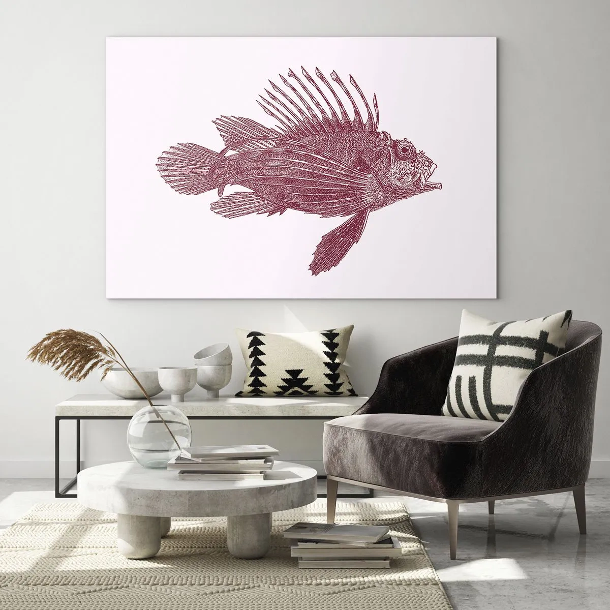 Impression sur verre - Image sur verre - Croquis d'un poisson exotique de couleur bordeaux sur fond clair - 100x70cm - Un habitant des eaux exotiques - Décoration murale moderne pour le salon et la chambre ARTTOR