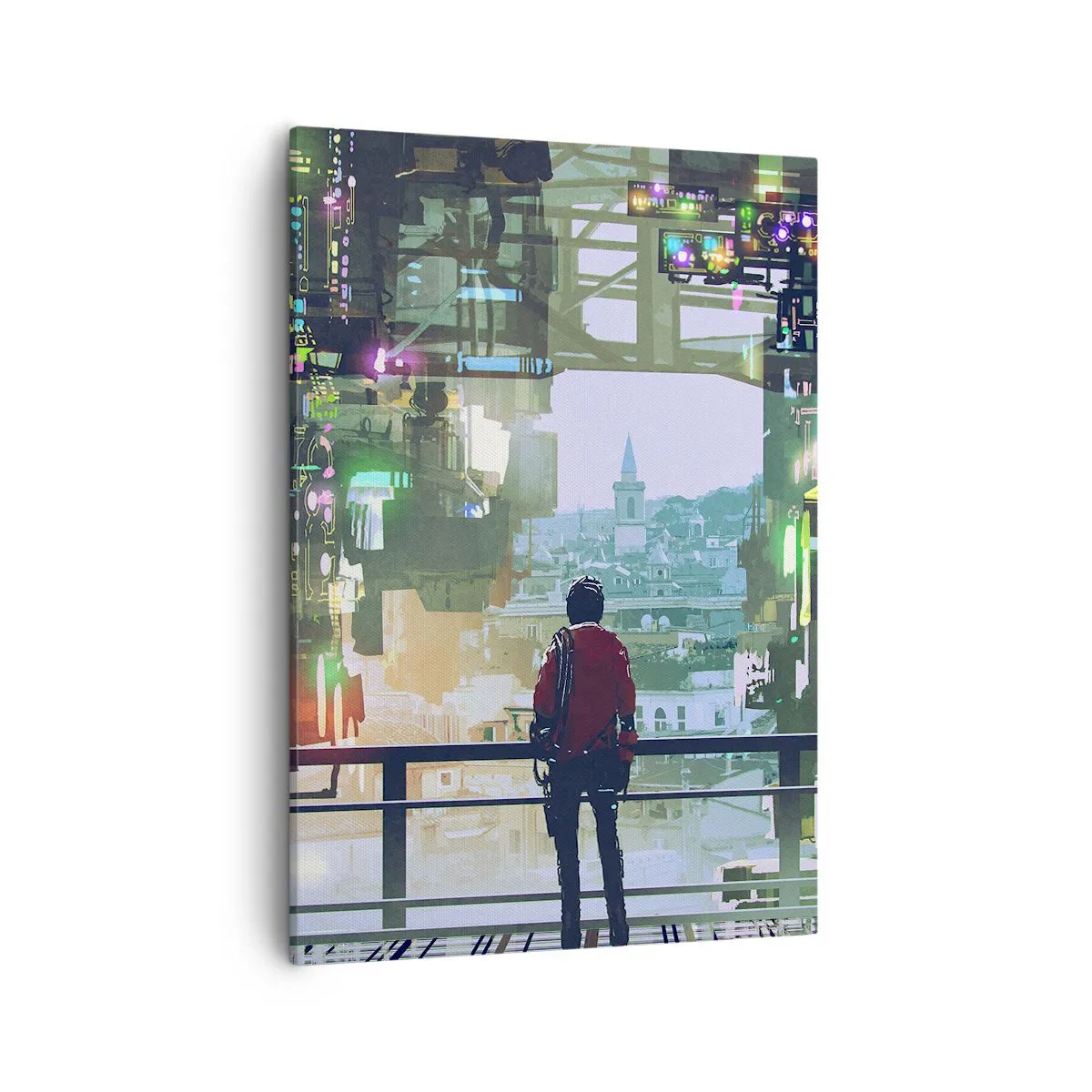 Impression sur toile - Image sur toile - Une silhouette dans une ville futuriste avec des néons - 50x70cm - Deux mondes - Décoration murale moderne pour le salon et la chambre ARTTOR