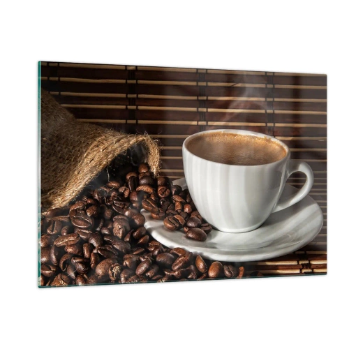 Impression sur verre - Image sur verre - Une tasse de café avec des grains sur un fond rustique - 120x80cm - La noirceur du charbon, la clarté de l'ambre - Décoration murale moderne pour le salon et la chambre ARTTOR