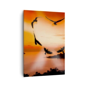 Impression sur toile - Image sur toile - Oiseaux formant un cœur sur fond de soleil couchant - 70x100cm - Aimer le monde comme les oiseaux - Décoration murale moderne pour le salon et la chambre ARTTOR