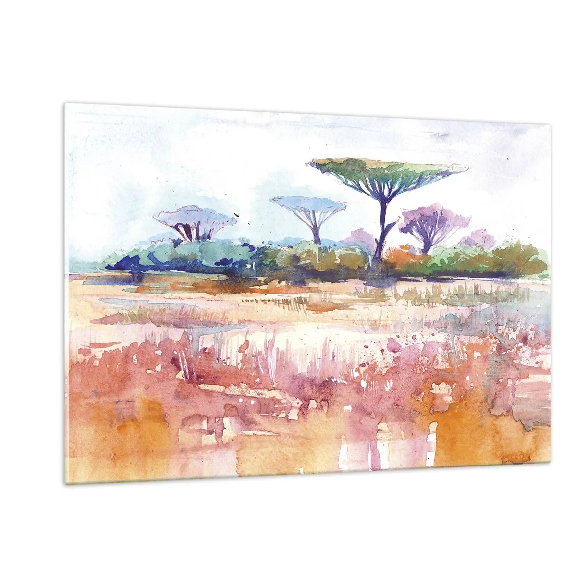 Impression sur verre - Image sur verre - Paysage de savane à l'aquarelle avec arbres et végétation - 120x80cm - Couleurs de savane - Décoration murale moderne pour le salon et la chambre ARTTOR