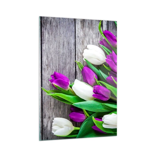 Impression sur verre - Image sur verre - Un bouquet de tulipes violettes et blanches sur un fond en bois - 50x70cm - Le jour des vacances de printemps - Décoration murale moderne pour le salon et la chambre ARTTOR
