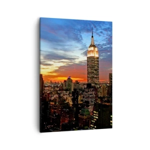 Impression sur toile - Image sur toile - Panorama de la ville avec des gratte-ciel illuminés au crépuscule - 50x70cm - Nuit américaine lumineuse - Décoration murale moderne pour le salon et la chambre ARTTOR