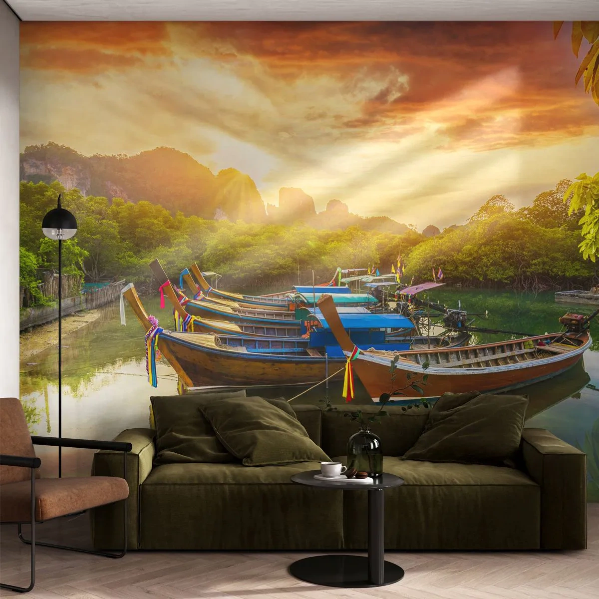 Papier Peint Photo Premium Sand - Bateaux traditionnels dans un paysage tropical au coucher du soleil - 100x70cm - Avant une journée chargée - Décoration murale moderne pour le salon et la chambre ARTTOR