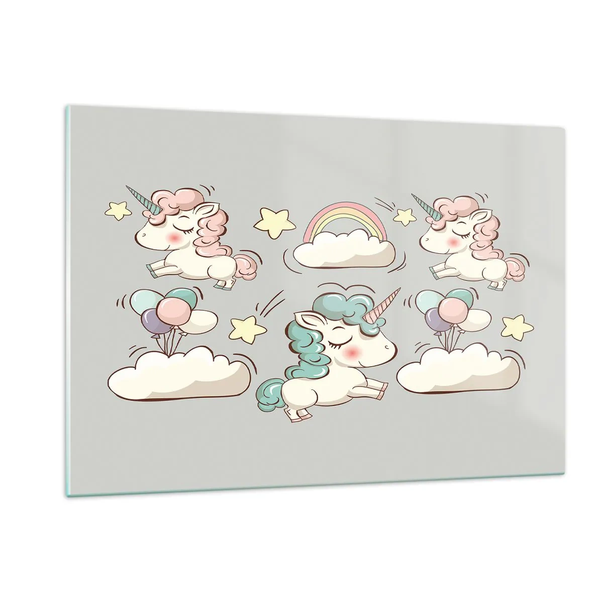 Impression sur verre - Image sur verre - De jolies licornes dans les nuages avec un arc-en-ciel et des ballons - 120x80cm - Ils existe, c'est sûr… - Décoration murale moderne pour le salon et la chambre ARTTOR