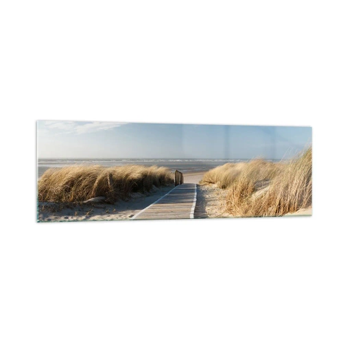 Impression sur verre - Image sur verre - Un chemin en bois mène à travers les dunes jusqu'à la mer calme - 160x50cm - Derrière la dune, dans le bruissement de l'herbe - Décoration murale moderne pour le salon et la chambre ARTTOR