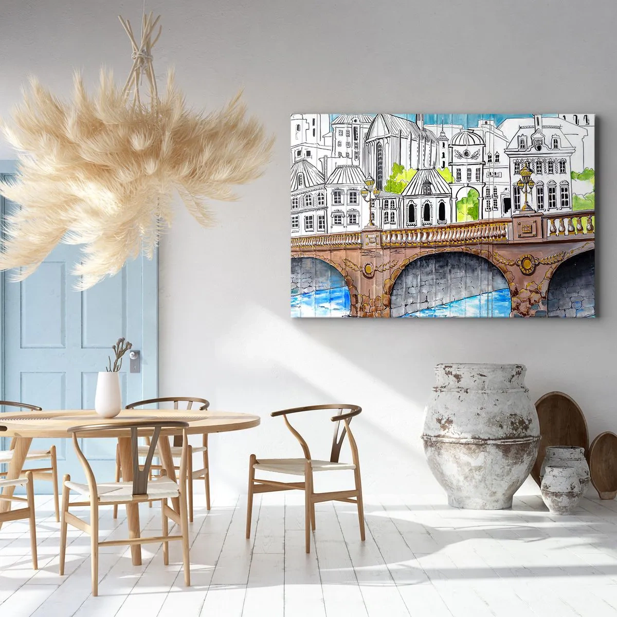 Impression sur toile - Image sur toile - Dessin du pont et de l'architecture urbaine historique - 100x70cm - Une ville comme peinte - Décoration murale moderne pour le salon et la chambre ARTTOR