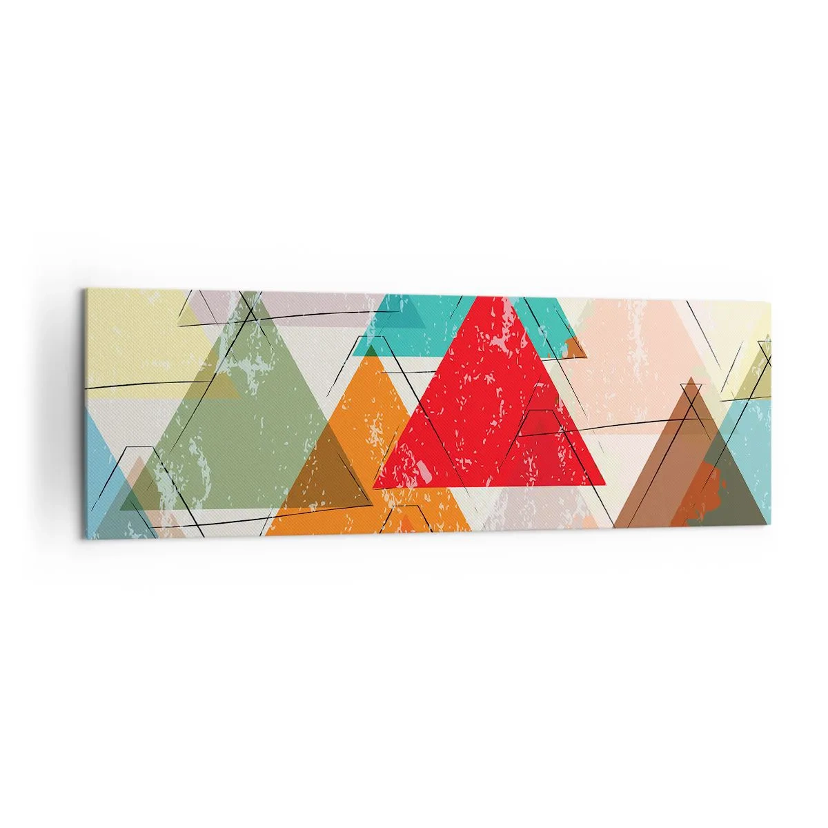 Impression sur toile - Image sur toile - Abstraction colorée avec des triangles géométriques - 160x50cm - Trois par trois - Décoration murale moderne pour le salon et la chambre ARTTOR