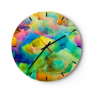 Horloge murale - Pendule murale - Nuages abstraits et colorés aux couleurs vives - 30x30cm - Plumule arc-en-ciel - Décoration murale moderne pour le salon, la cuisine et la chambre ARTTOR