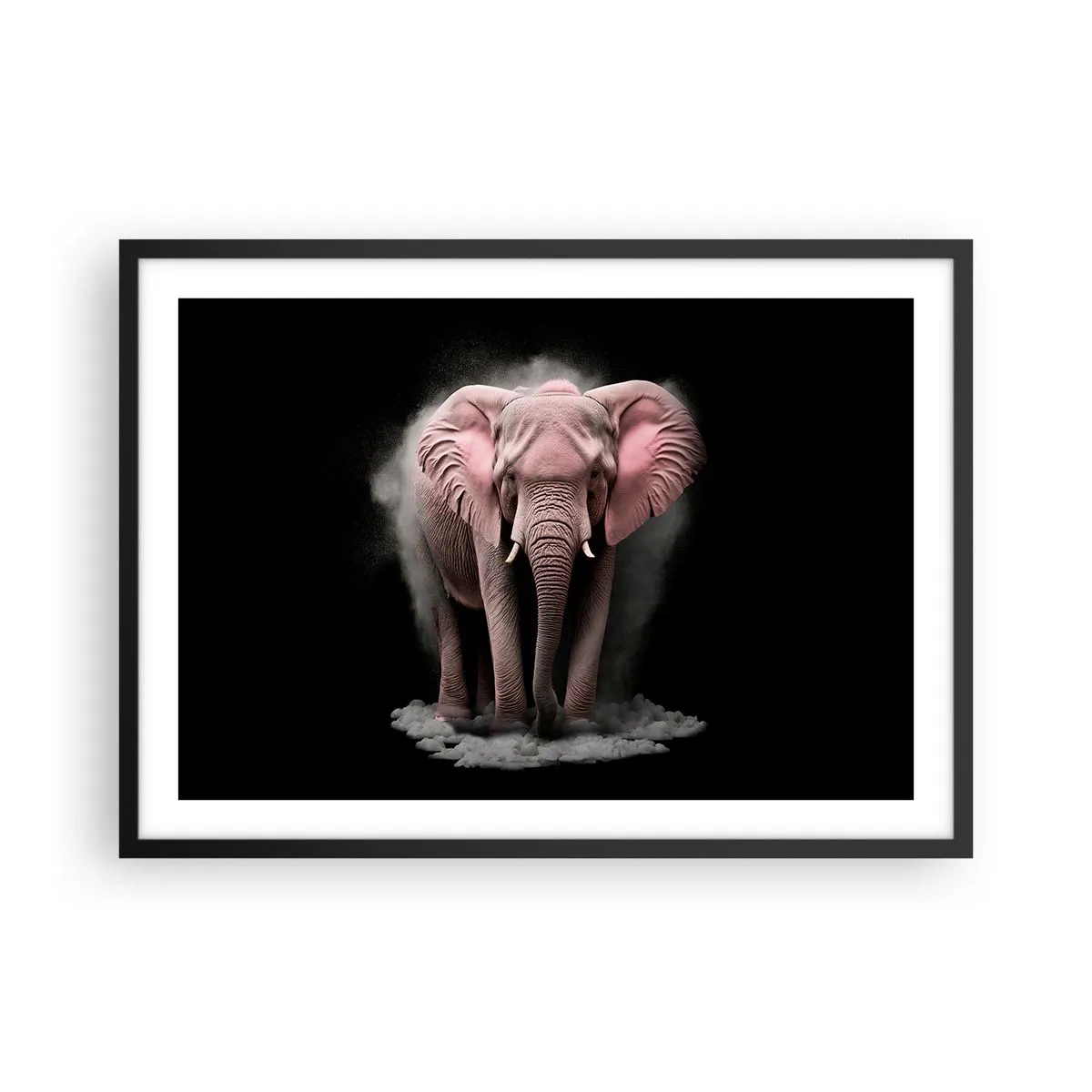 Affiche dans un cadre noir - Poster - Une interprétation artistique d'un éléphant rose sur fond noir - 70x50cm - Ne pensez pas à un éléphant rose ! - Décoration murale moderne pour le salon et la chambre ARTTOR