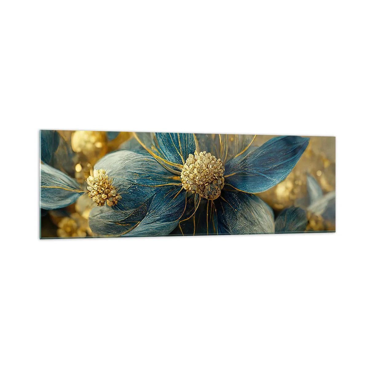 Impression sur verre - Image sur verre - Fleurs élégantes dans des tons de bleu et d'or - 160x50cm - Fleurir avec de l'or - Décoration murale moderne pour le salon et la chambre ARTTOR