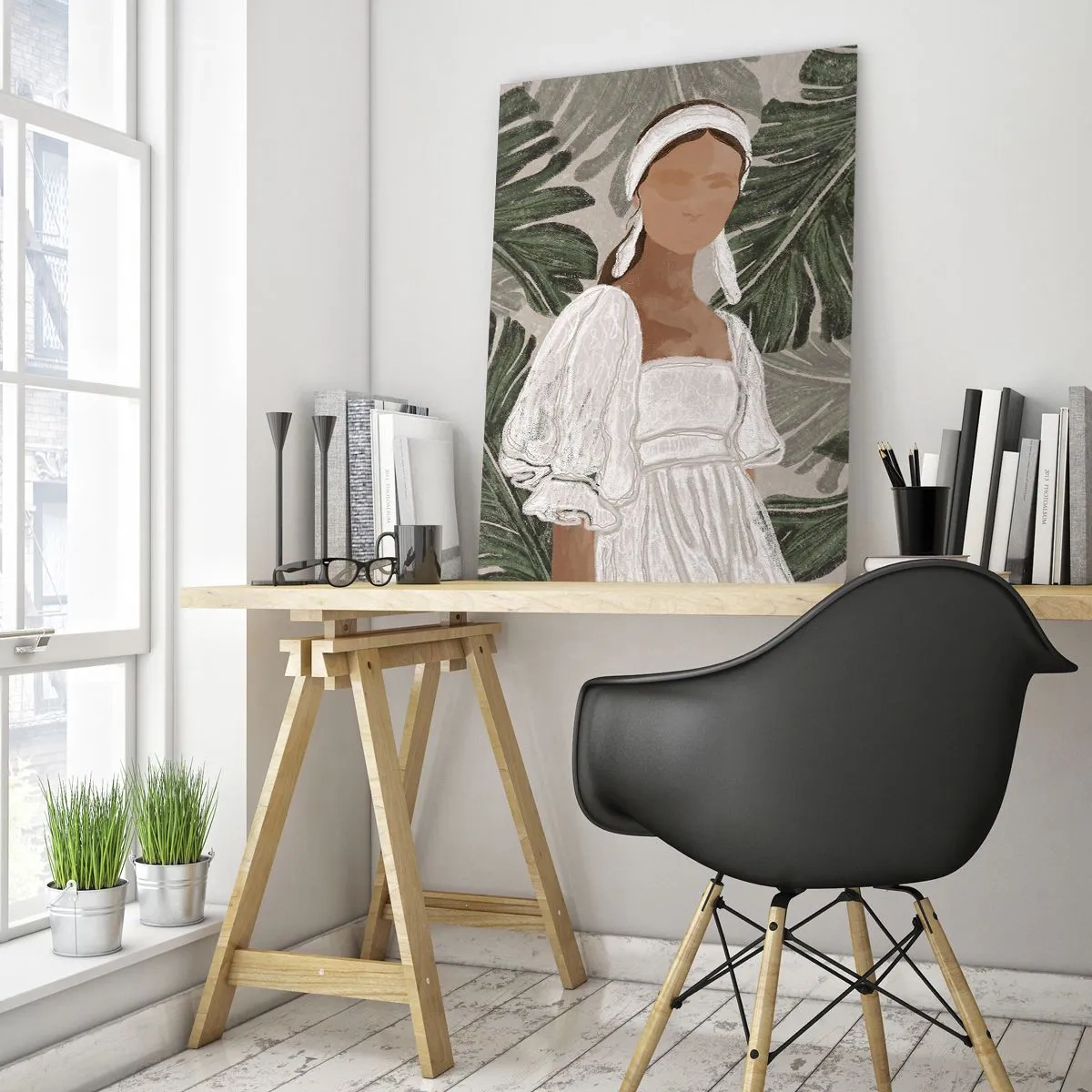 Impression sur verre - Image sur verre - Portrait d'une femme en robe blanche sur fond de feuilles de monstera - 80x120cm - Portrait exotique - Décoration murale moderne pour le salon et la chambre ARTTOR