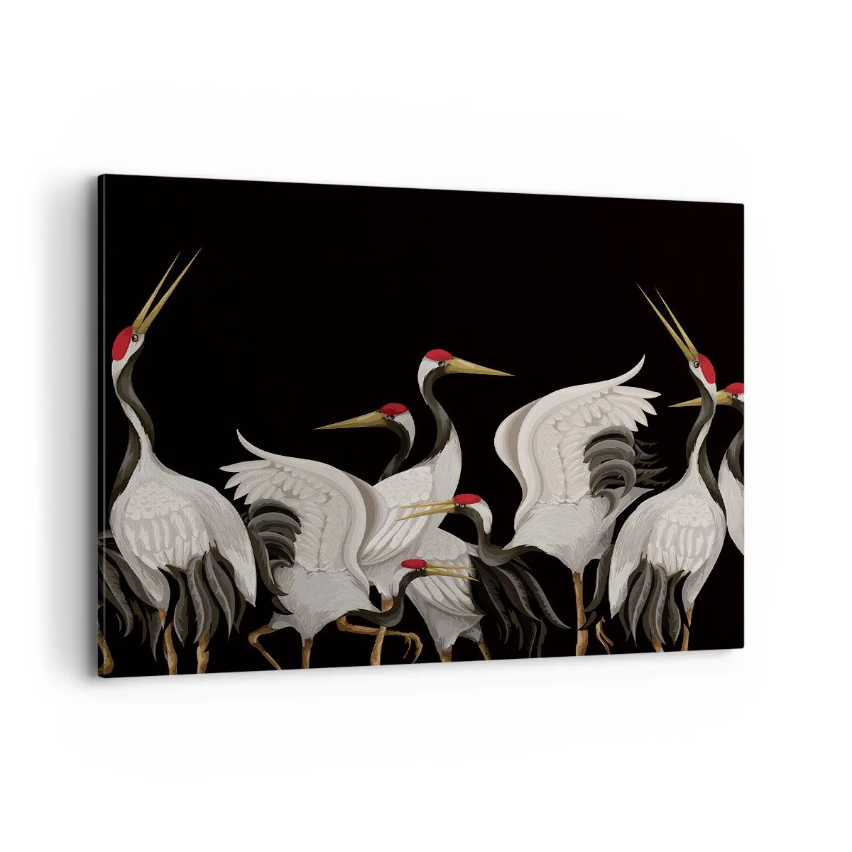 Impression sur toile - Image sur toile - Grues blanches avec des accents rouges sur fond noir - 100x70cm - Histoire d'oiseaux - Décoration murale moderne pour le salon et la chambre ARTTOR