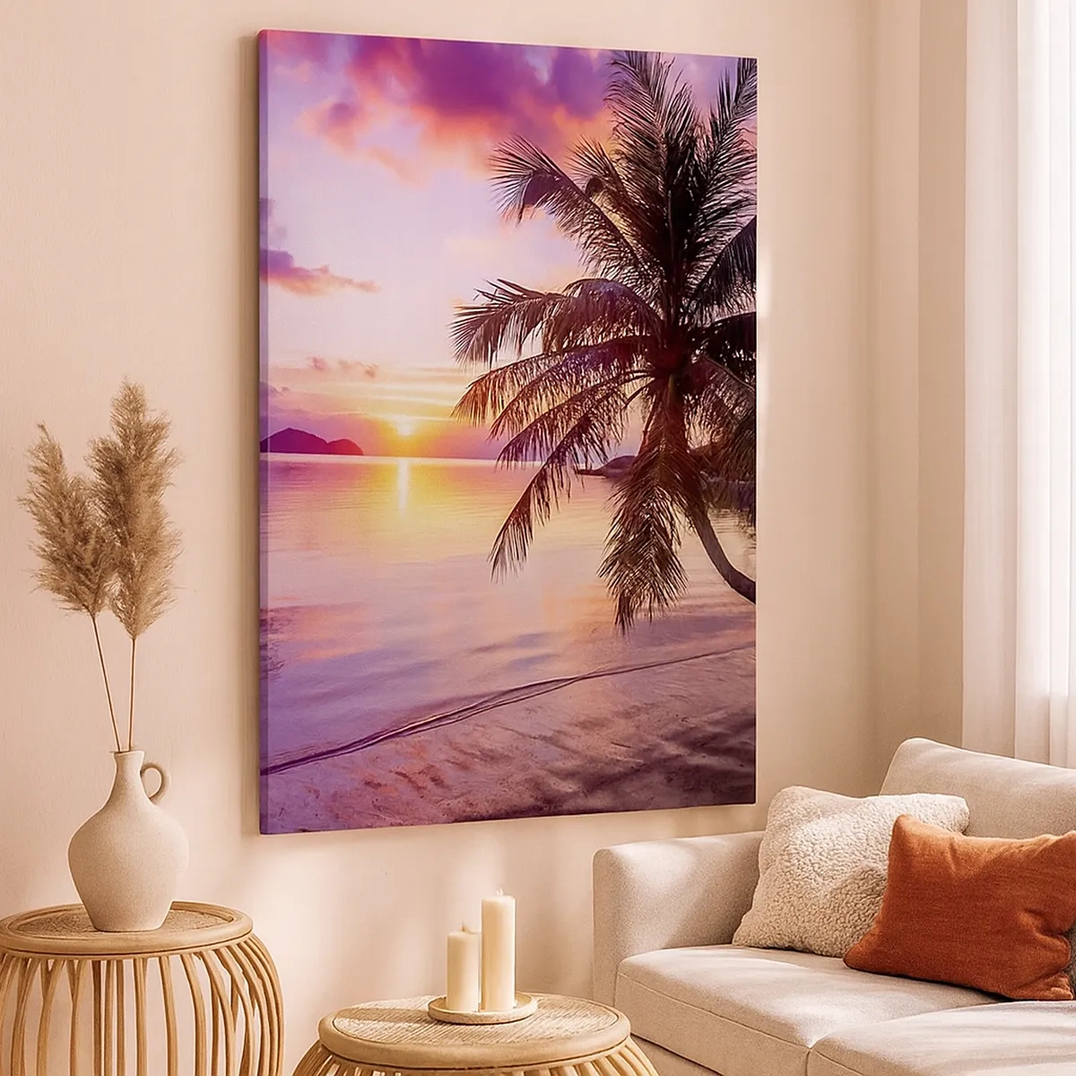 Impression sur toile - Image sur toile - Plage tropicale avec palmier au coucher du soleil - 50x70cm - Le bonheur à l'horizon - Décoration murale moderne pour le salon et la chambre ARTTOR