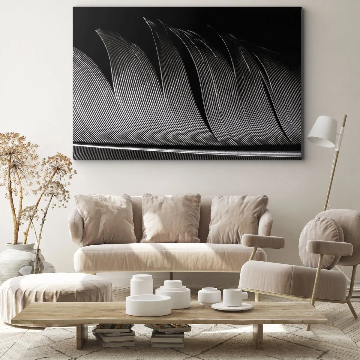 Impression sur toile - Image sur toile - Texture de plumes noires et blanches dans un style minimaliste - 70x50cm - La plume – un design magnifique - Décoration murale moderne pour le salon et la chambre ARTTOR