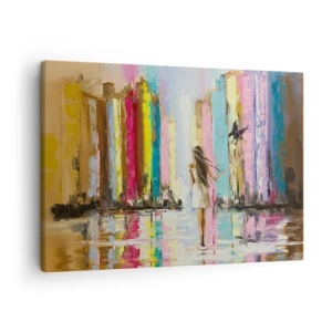 Impression sur toile - Image sur toile - Une ville colorée et une femme en robe blanche avec un oiseau - 70x50cm - Viens avec moi - Décoration murale moderne pour le salon et la chambre ARTTOR