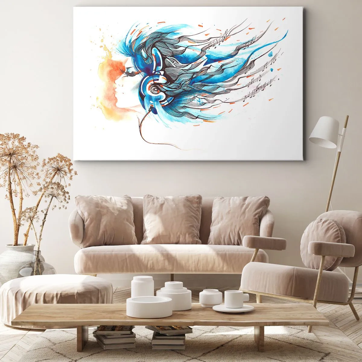 Impression sur toile - Image sur toile - Graphique artistique d'une femme portant des écouteurs avec des accents musicaux - 100x70cm - Que la musique joue - Décoration murale moderne pour le salon et la chambre ARTTOR