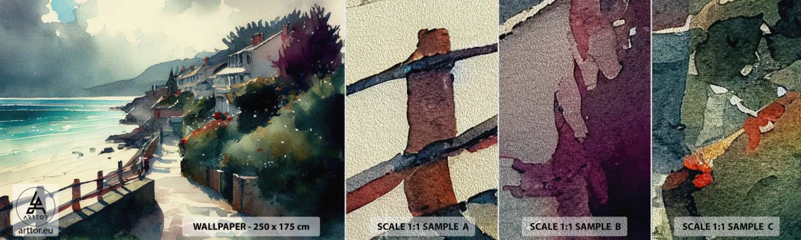 Échantillon de Papier Peint Premium Sand - Ville méditerranéenne - Maisons, Paysage, Plage - 100x30 cm