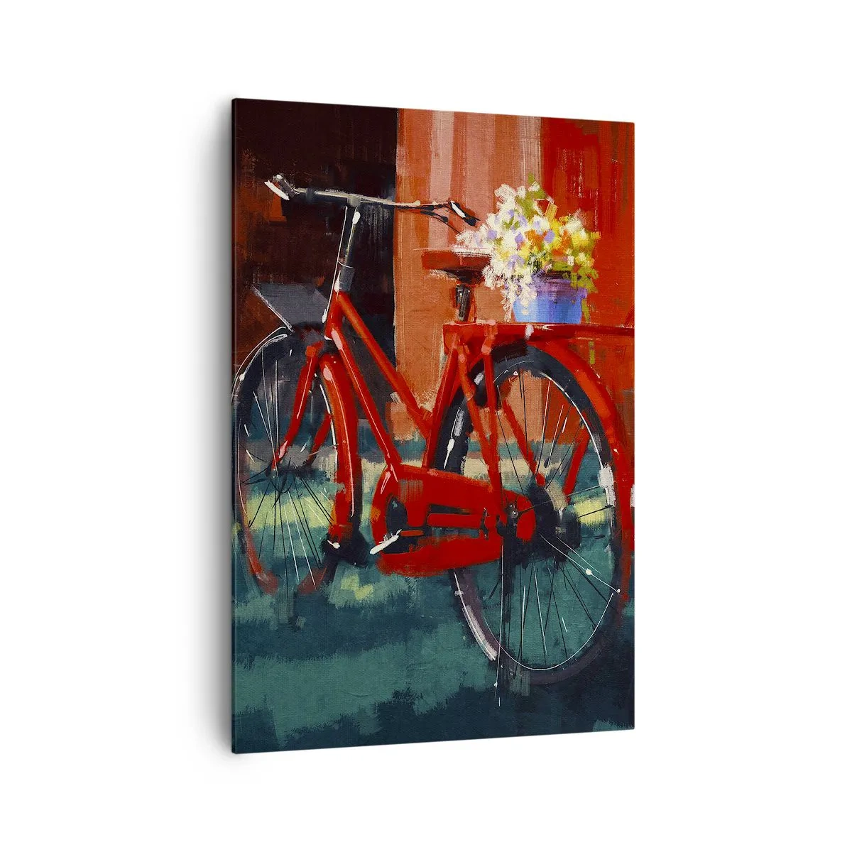Impression sur toile - Image sur toile - Un vélo rouge avec des fleurs contre un mur orange - 70x100cm - I want to ride my bicycle - Décoration murale moderne pour le salon et la chambre ARTTOR