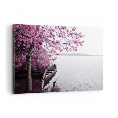 Impression sur toile - Image sur toile - Un bateau au bord d'un lac parmi des arbres roses - 100x70cm - Dans un silence rose - Décoration murale moderne pour le salon et la chambre ARTTOR