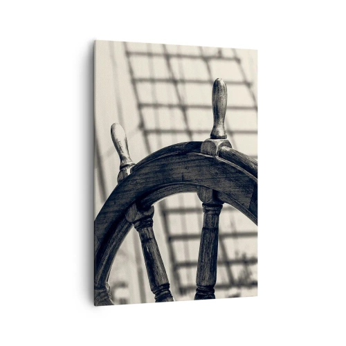 Impression sur toile - Image sur toile - Un gouvernail de style rétro avec un navire en arrière-plan - 70x100cm - Histoires de mer - Décoration murale moderne pour le salon et la chambre ARTTOR