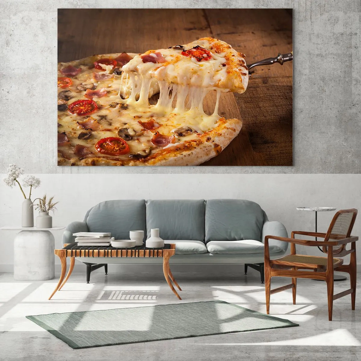 Impression sur verre - Image sur verre - Pizza au fromage filandreux, tomates et jambon sur fond de bois - 70x50cm - Un chef-d'œuvre de l'art italien - Décoration murale moderne pour le salon et la chambre ARTTOR
