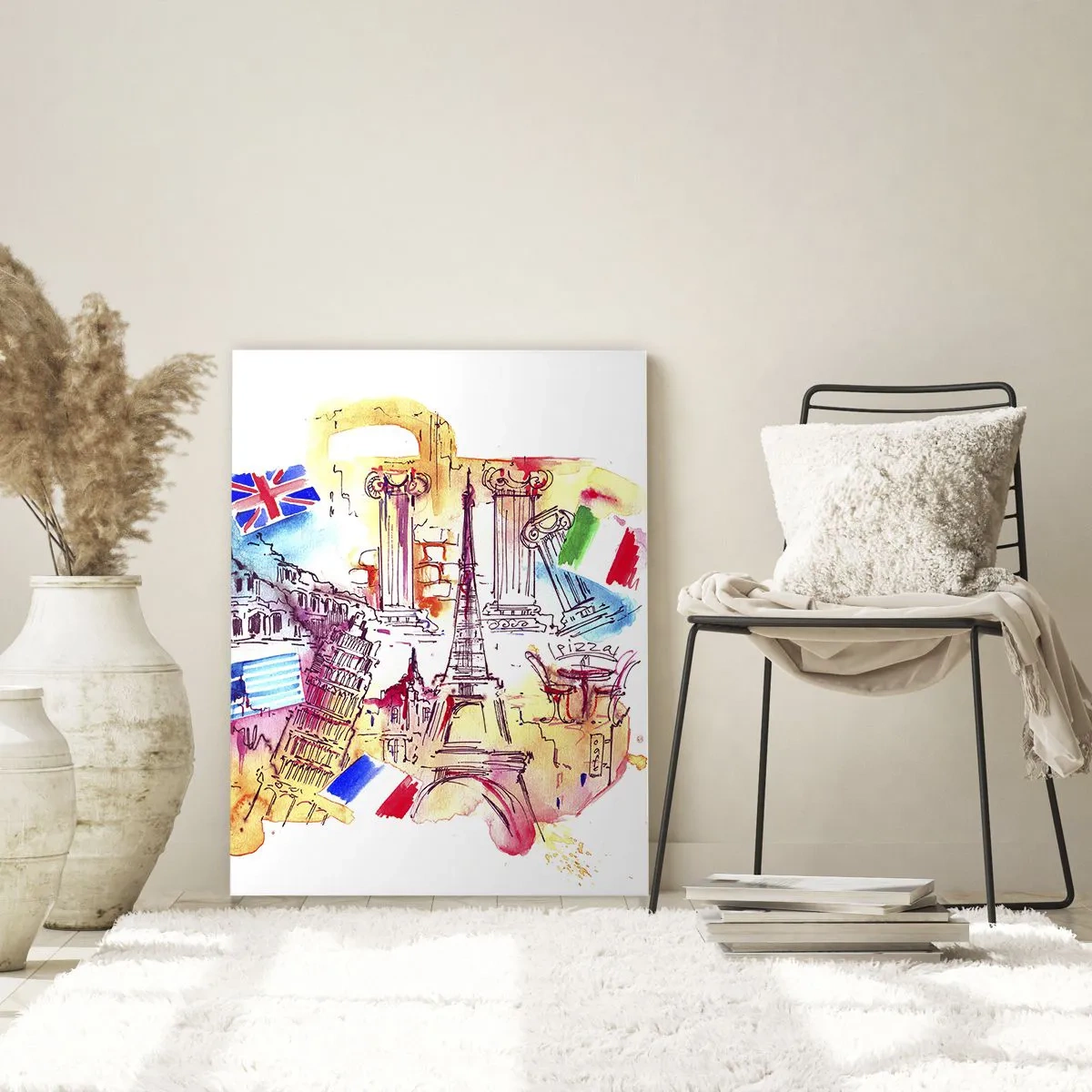 Impression sur verre - Image sur verre - Aquarelle de symboles européens avec drapeaux de pays - 70x100cm - Tournée européenne - Décoration murale moderne pour le salon et la chambre ARTTOR