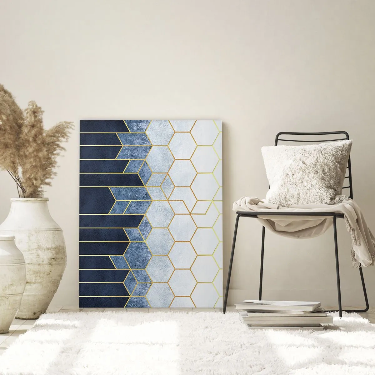 Impression sur verre - Image sur verre - Motif géométrique dans les tons or et bleu marine - 70x100cm - Composition en rythme syncopé - Décoration murale moderne pour le salon et la chambre ARTTOR