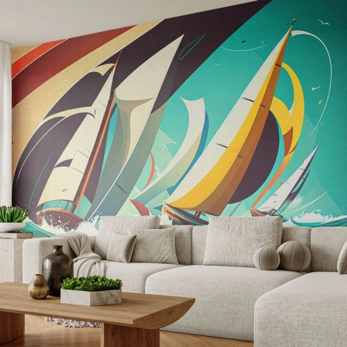 Papier Peint Photo Standard Eco - Illustration colorée d'une régate avec des voiles et des vagues dynamiques. - 100x70cm - Bonne chance avec les éléments - Décoration murale moderne pour le salon et la chambre ARTTOR