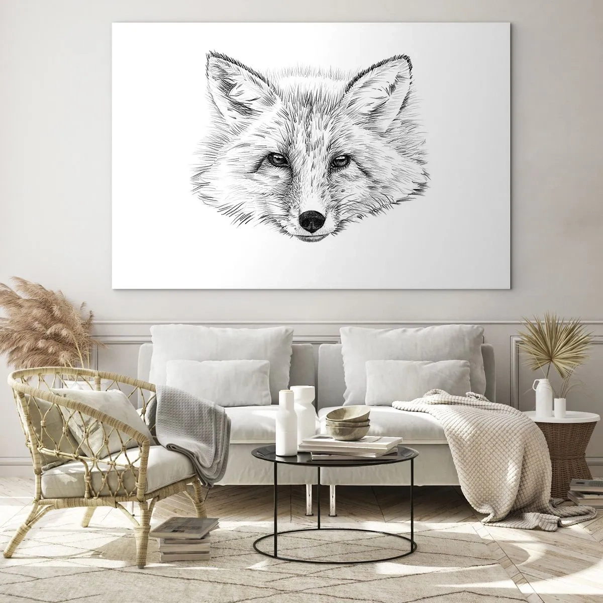 Impression sur verre - Image sur verre - Dessin d'une tête de renard sur fond blanc - 100x70cm - Ces yeux peuvent-ils mentir ? - Décoration murale moderne pour le salon et la chambre ARTTOR