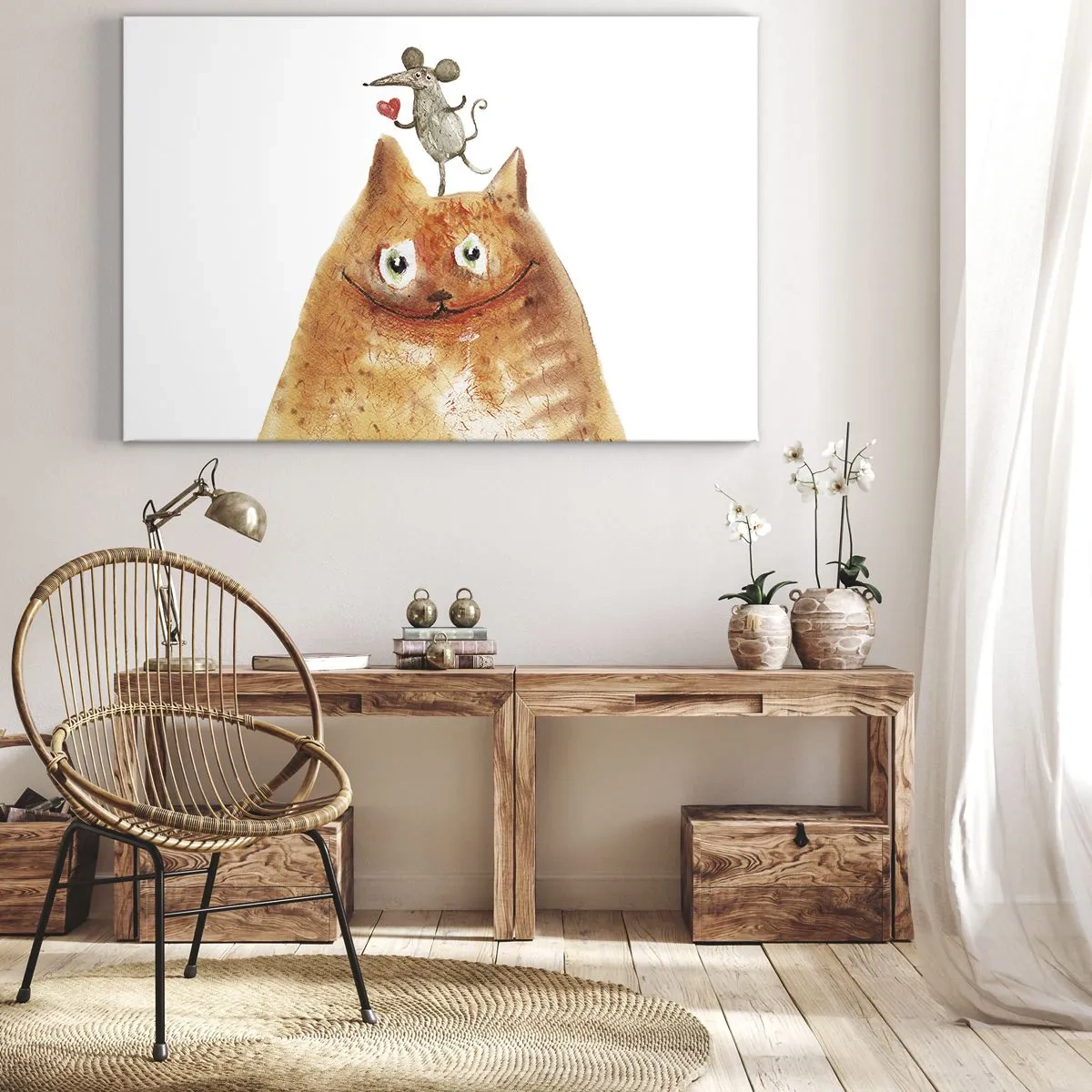 Impression sur toile - Image sur toile - Un dessin d'un chat avec une souris sur la tête tenant un cœur - 70x50cm - Amour paradoxal - Décoration murale moderne pour le salon et la chambre ARTTOR