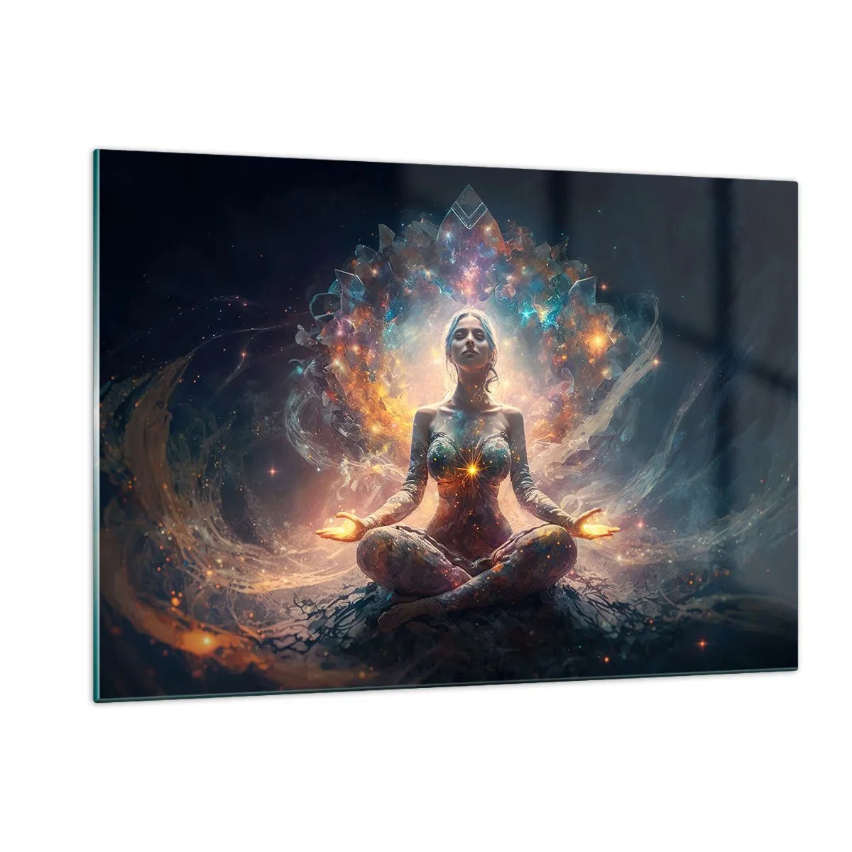 Impression sur verre - Image sur verre - Une femme méditant dans une aura lumineuse d'énergie et de couleur - 120x80cm - Flux de bonne énergie - Décoration murale moderne pour le salon et la chambre ARTTOR