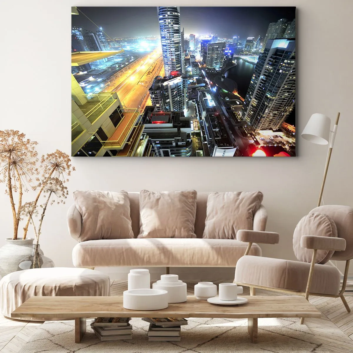 Impression sur toile - Image sur toile - Panorama de la ville nocturne avec des gratte-ciel illuminés - 120x80cm - Un miracle dans le désert - Décoration murale moderne pour le salon et la chambre ARTTOR