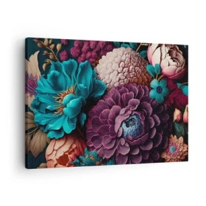 Impression sur toile - Image sur toile - Un bouquet de fleurs aux couleurs intenses sur fond sombre - 70x50cm - La nature en abondance - Décoration murale moderne pour le salon et la chambre ARTTOR