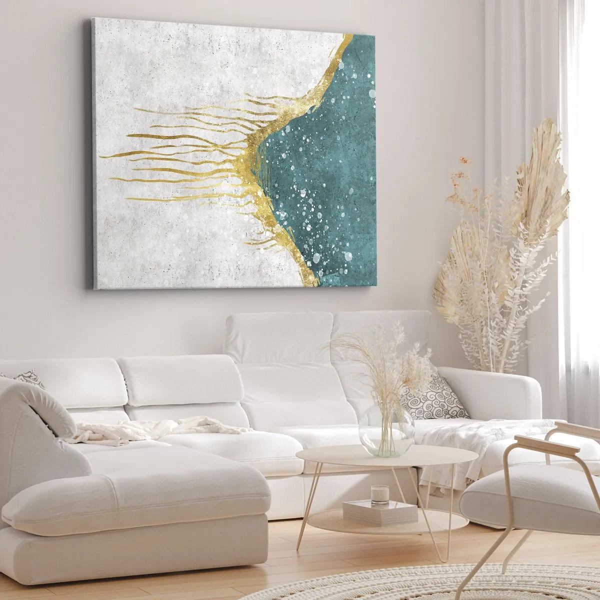 Impression sur toile - Image sur toile - Une composition abstraite dans des tons d'or et de turquoise - 70x50cm - Marée dorée - Décoration murale moderne pour le salon et la chambre ARTTOR