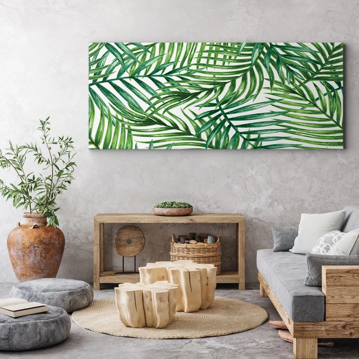 Impression sur toile - Image sur toile - Feuilles de palmier tropicales vertes sur fond clair - 160x50cm - Sous la canopée verte - Décoration murale moderne pour le salon et la chambre ARTTOR
