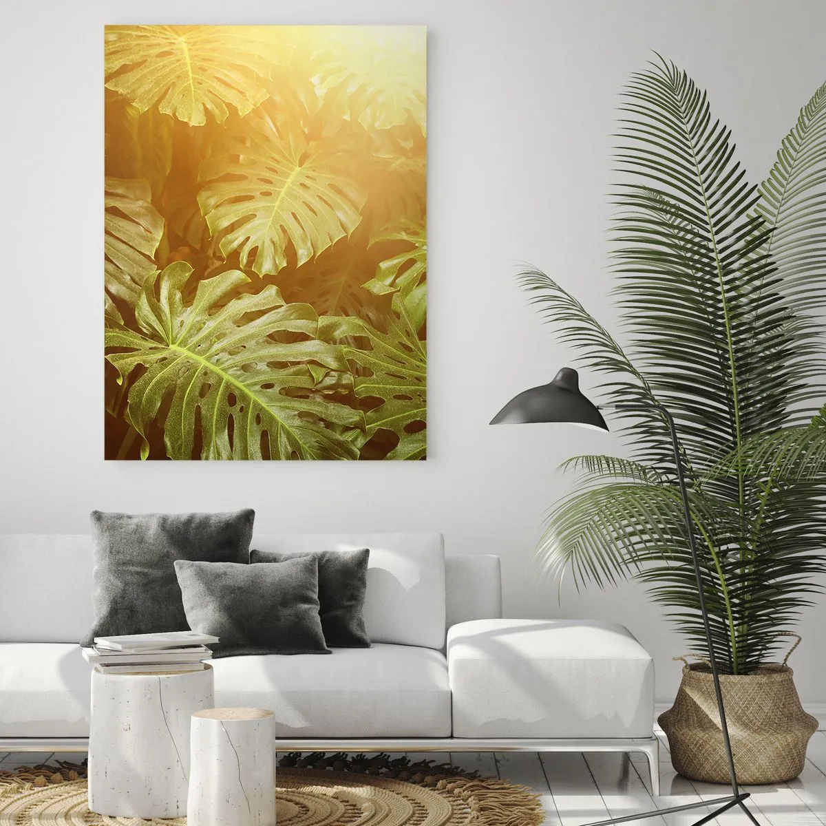 Impression sur verre - Image sur verre - Feuilles de Monstera au soleil sur fond naturel - 80x120cm - Se fondre dans la verdure - Décoration murale moderne pour le salon et la chambre ARTTOR