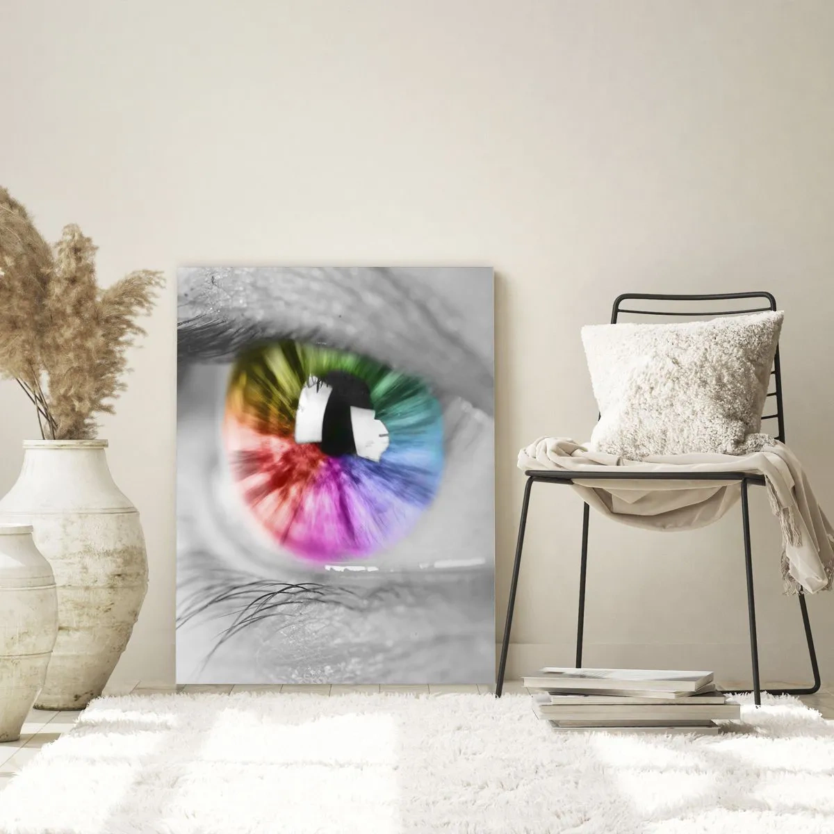 Impression sur verre - Image sur verre - Prise de vue artistique d'un œil avec un iris arc-en-ciel sur fond gris - 70x100cm - Regarde le monde en couleur - Décoration murale moderne pour le salon et la chambre ARTTOR