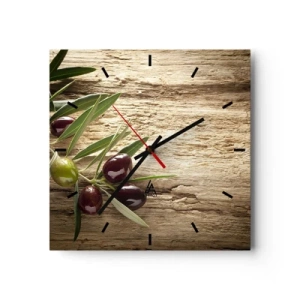 Horloge murale - Pendule murale - Branche d'olivier avec des fruits sur un fond de bois vieilli - 30x30cm - Directement de la nature - Décoration murale moderne pour le salon et la chambre ARTTOR