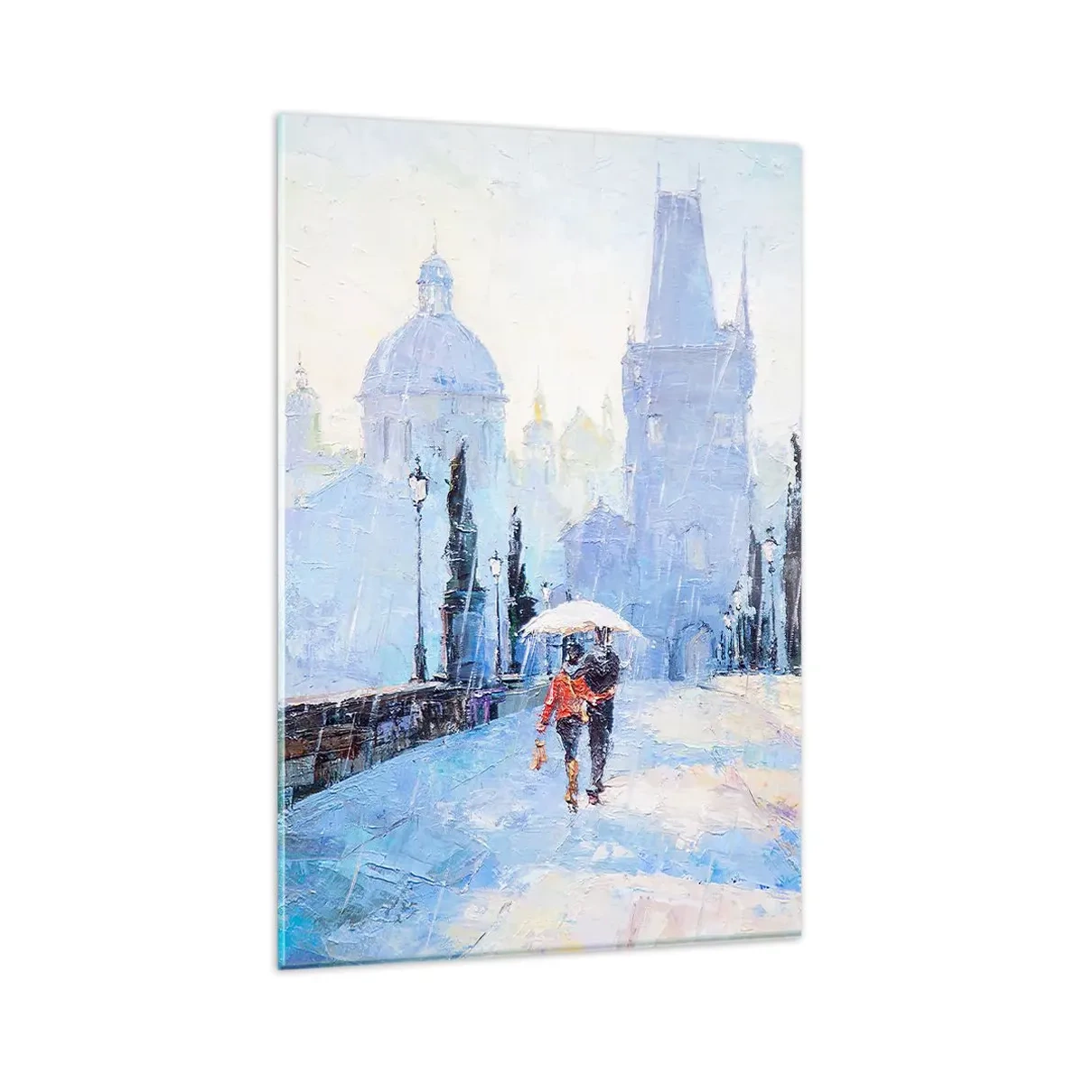 Impression sur verre - Image sur verre - Couple romantique sur un pont sous la pluie, une scène picturale - 80x120cm - La pluie a dû nous charmer - Décoration murale moderne pour le salon et la chambre ARTTOR