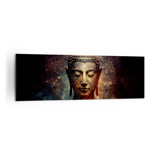 Impression sur toile - Image sur toile - Bouddha doré sur fond sombre avec ornements - 160x50cm - Équilibre spirituel - Décoration murale moderne pour le salon et la chambre ARTTOR